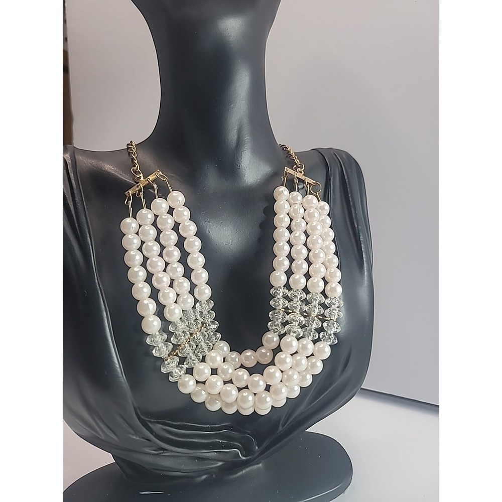 Vintage Faux Pearl Bib Necklace Gold Tone‎ Faceted Crystal Statement Bridal Glam